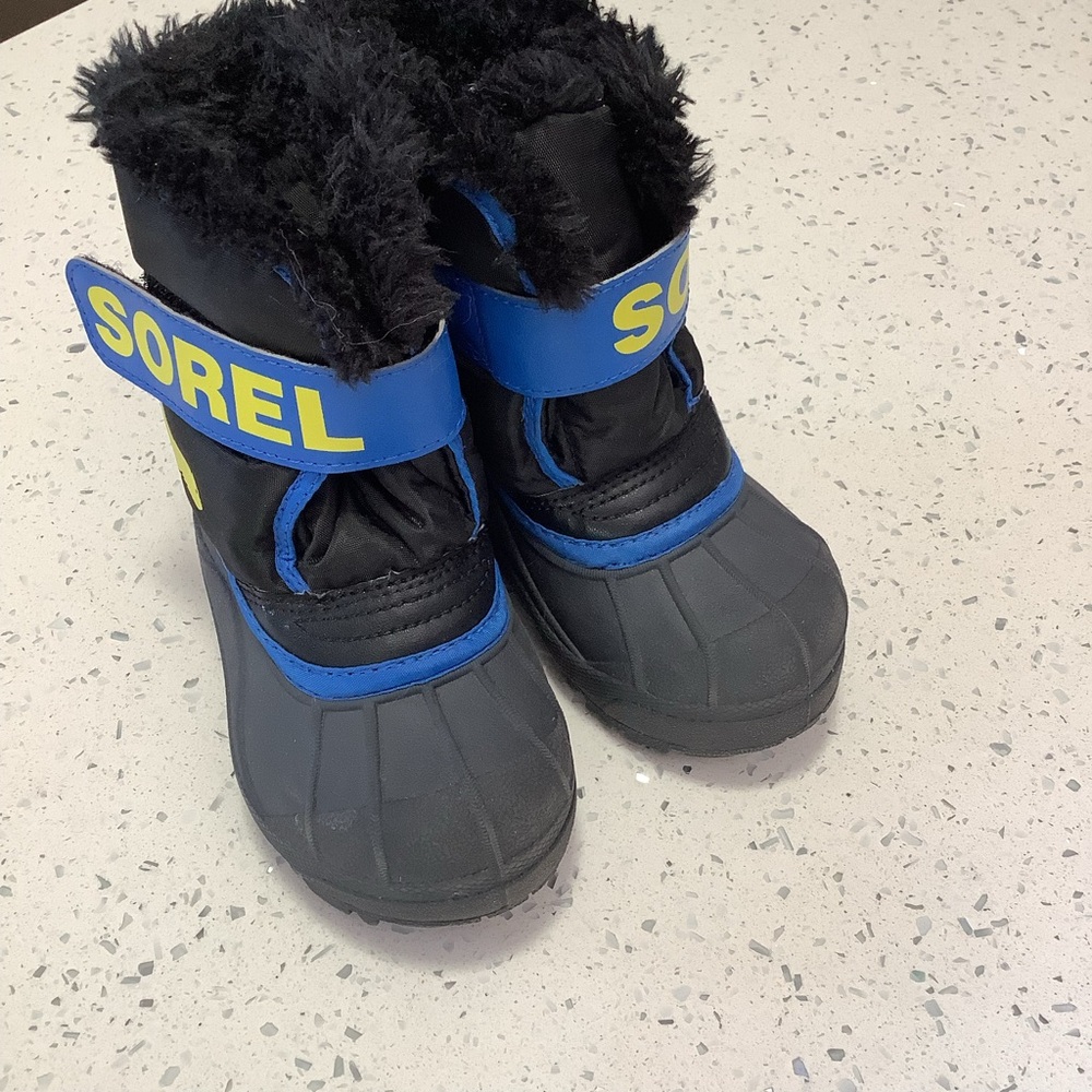 Sorel Snow Commander Boots Black Blue Winter Waterproof Kids Size 7